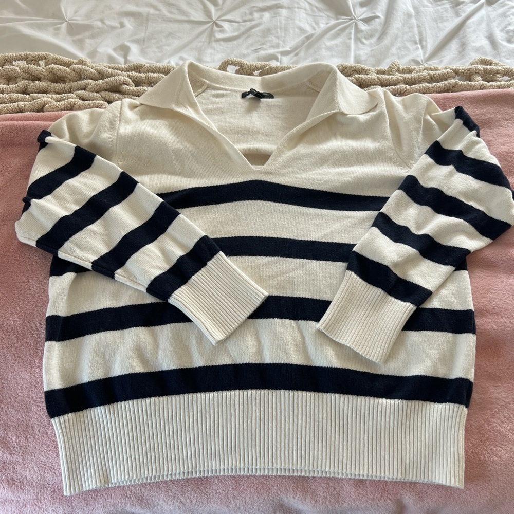 cream and navy striped sweater